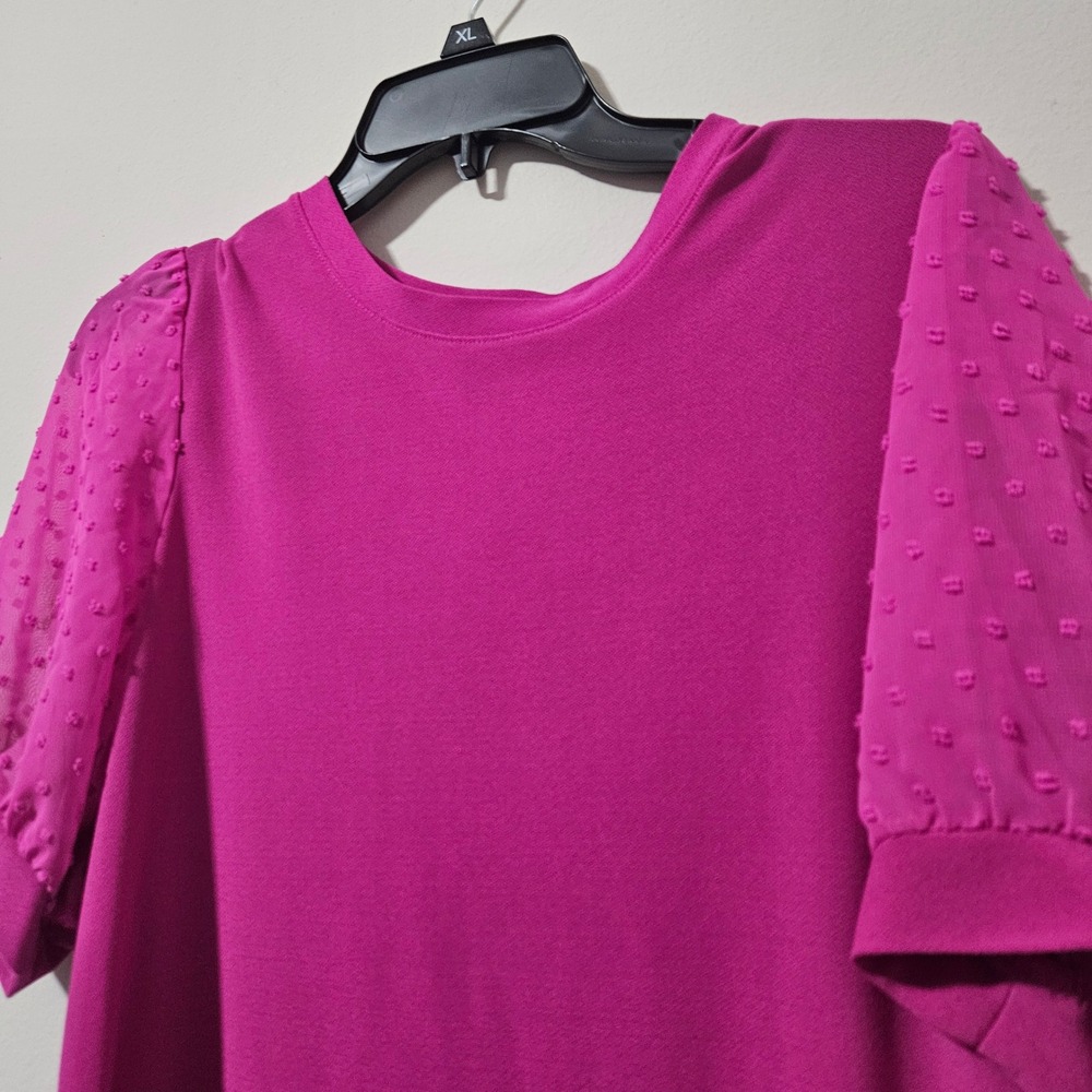 CeCe Magenta Pink Swiss Dot Puff Sleeve Crepe Knit Blouse Top Womens Medium - Picture 2 of 5